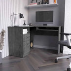 Bureau d'angle avec tablette coulissante pour clavier, finition chêne fumé