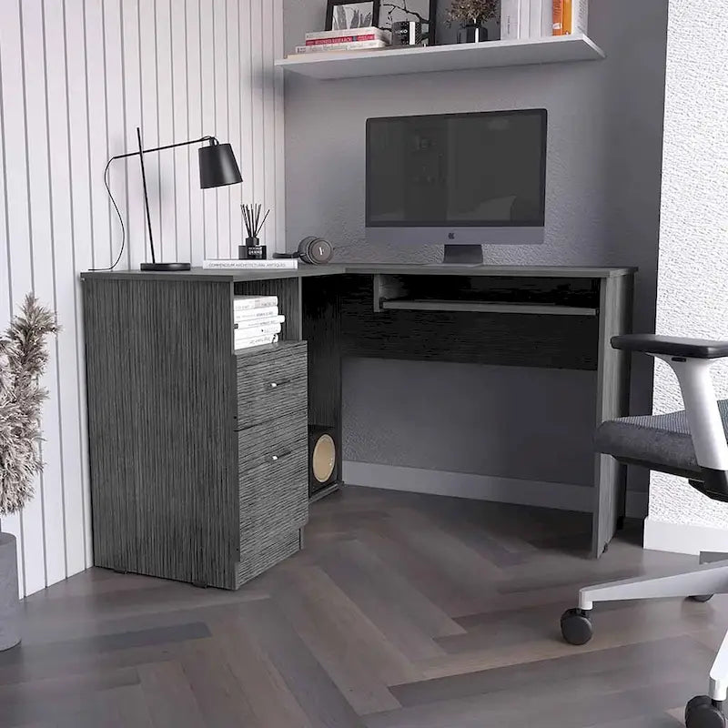 Bureau d'angle avec tablette coulissante pour clavier, finition chêne fumé