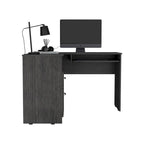 Bureau d'angle avec tablette coulissante pour clavier, finition chêne fumé