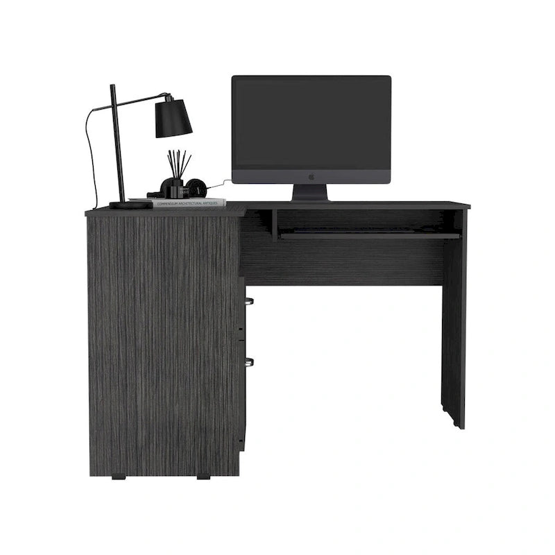 Bureau d'angle avec tablette coulissante pour clavier, finition chêne fumé