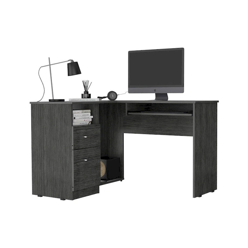 Bureau d'angle avec tablette coulissante pour clavier, finition chêne fumé