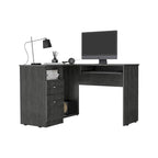 Bureau d'angle avec tablette coulissante pour clavier, finition chêne fumé