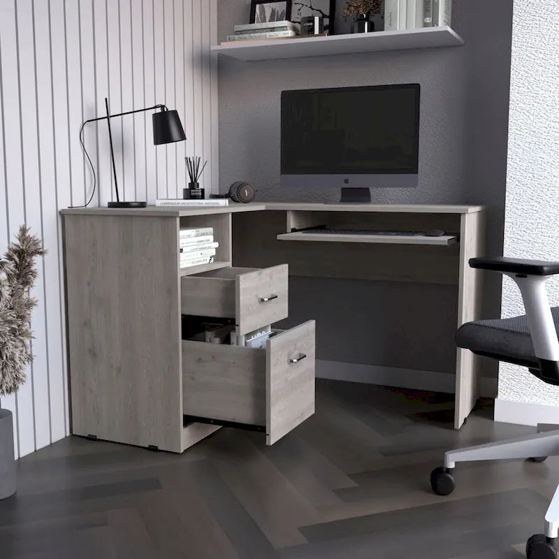 Bureau d'angle avec tablette coulissante pour clavier, finition chêne fumé