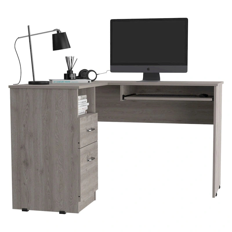 Bureau d'angle avec tablette coulissante pour clavier, finition chêne fumé