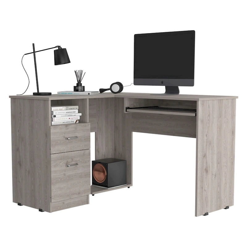 Bureau d'angle avec tablette coulissante pour clavier, finition chêne fumé