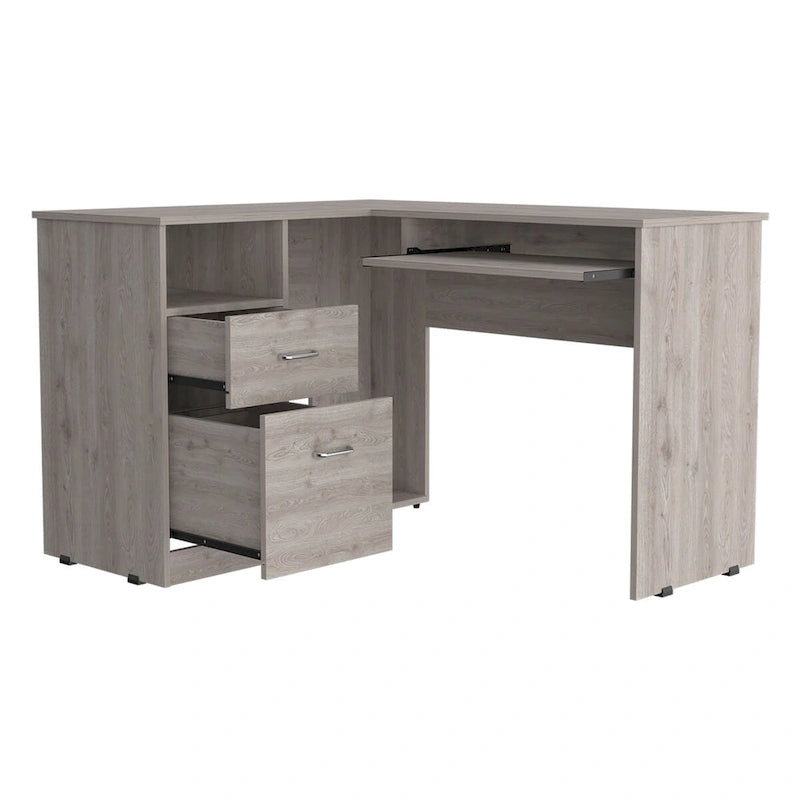 Bureau d'angle avec tablette coulissante pour clavier, finition chêne fumé
