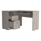 Bureau d'angle avec tablette coulissante pour clavier, finition chêne fumé