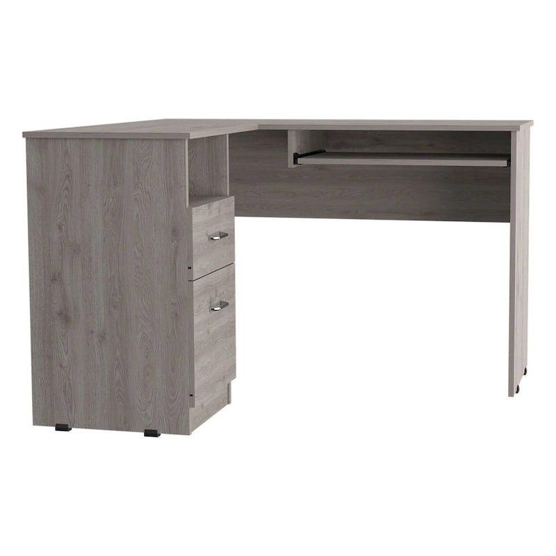Bureau d'angle avec tablette coulissante pour clavier, finition chêne fumé