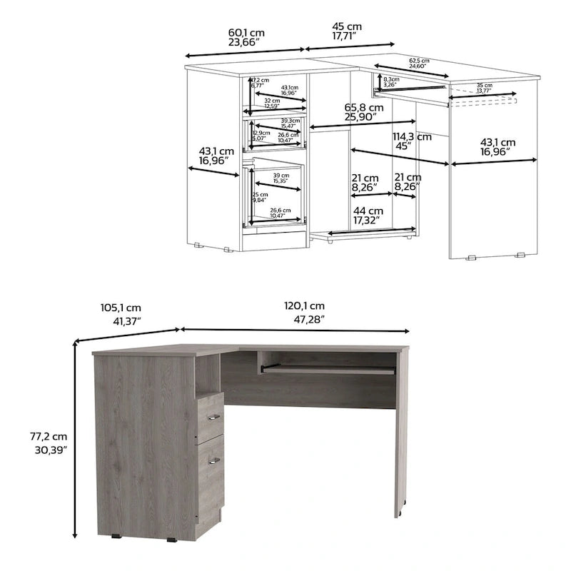 Bureau d'angle avec tablette coulissante pour clavier, finition chêne fumé
