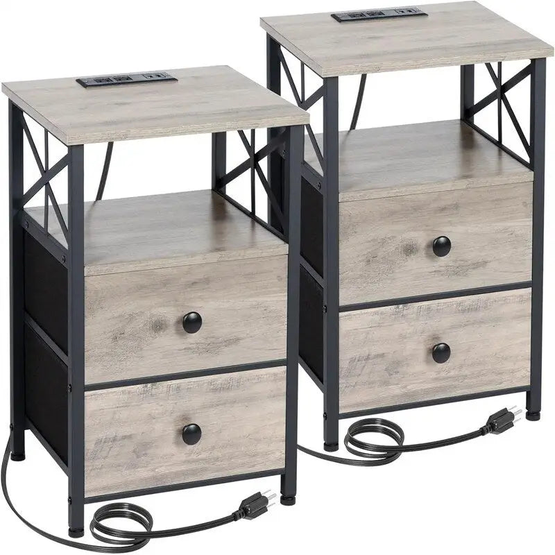 Table de chevet avec station de recharge et 2 tiroirs en tissu