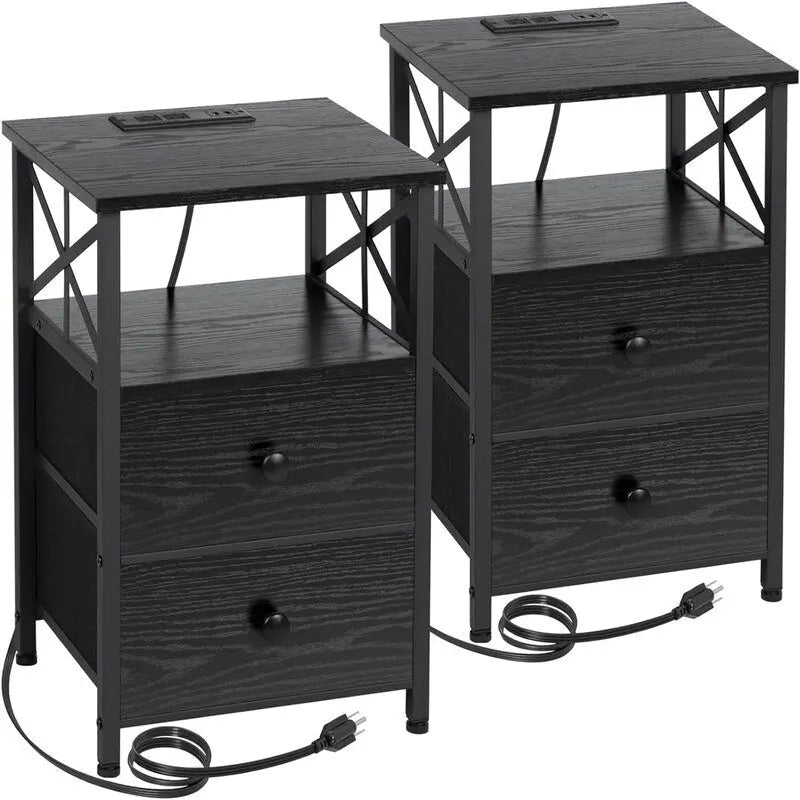 Table de chevet avec station de recharge et 2 tiroirs en tissu