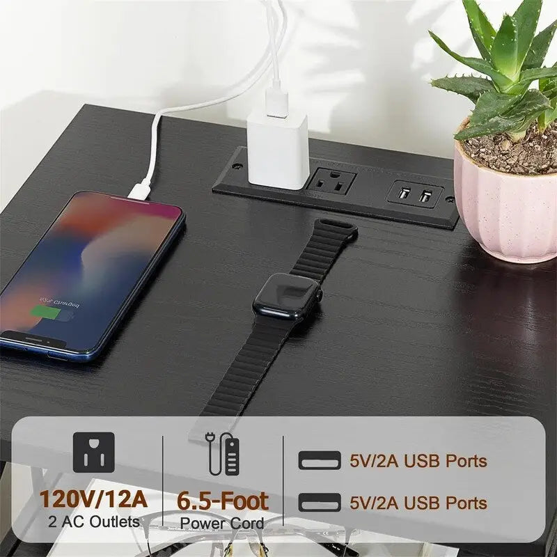 Table de chevet avec station de recharge et 2 tiroirs en tissu