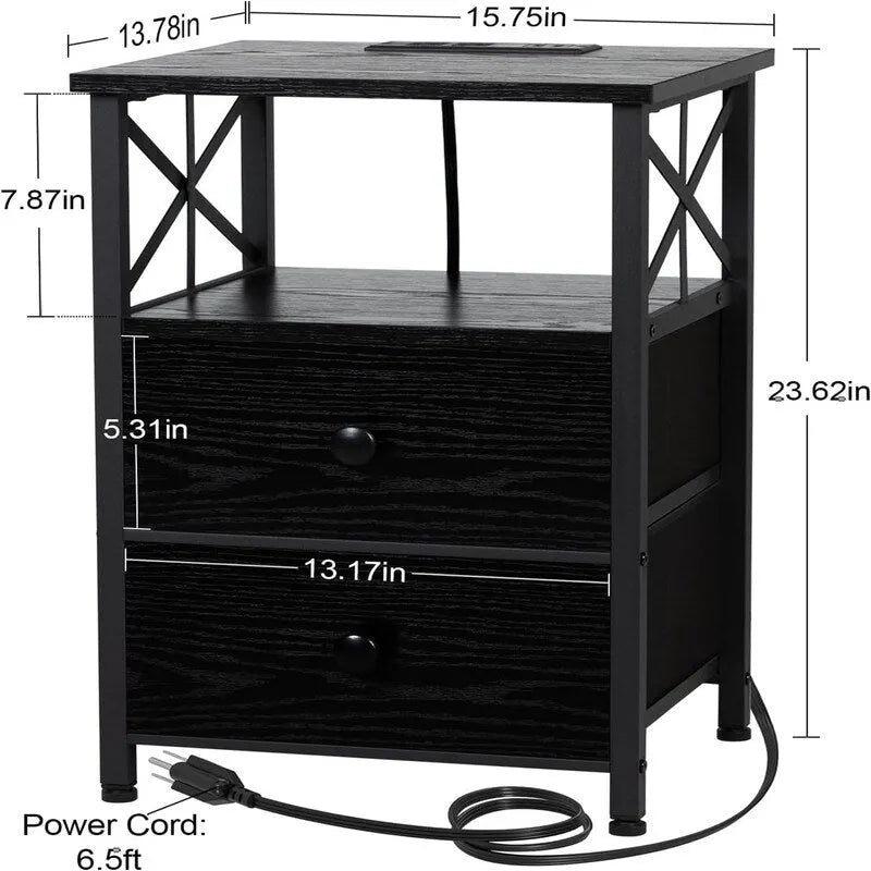 Table de chevet avec station de recharge et 2 tiroirs en tissu