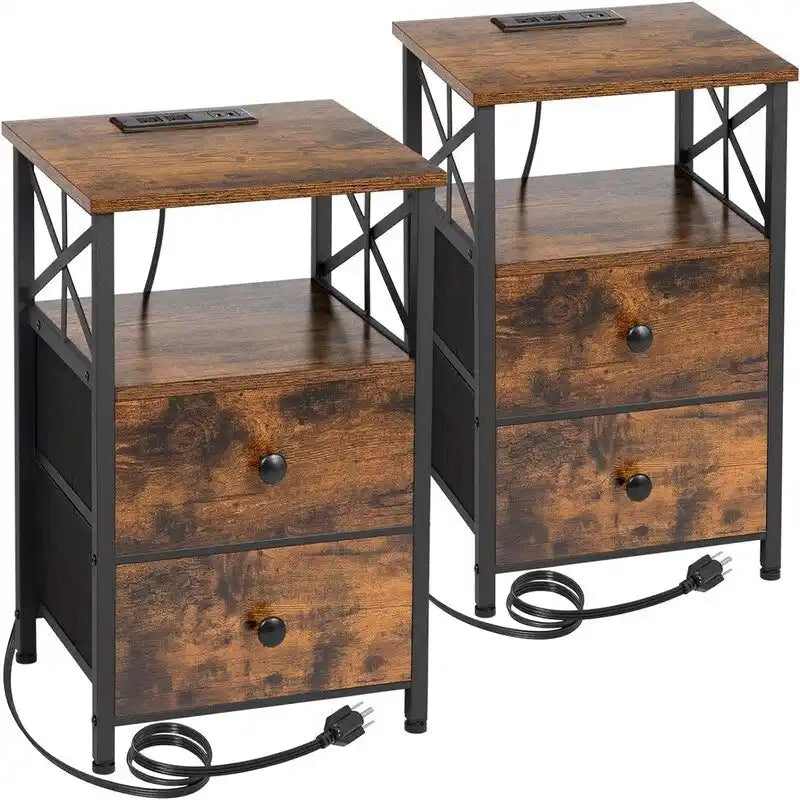 Table de chevet avec station de recharge et 2 tiroirs en tissu