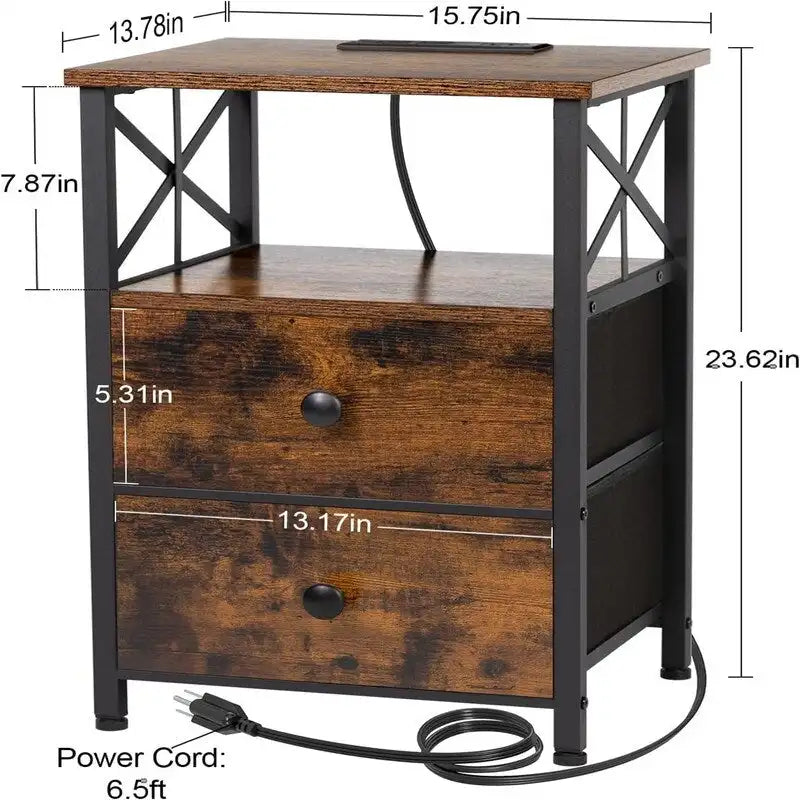 Table de chevet avec station de recharge et 2 tiroirs en tissu