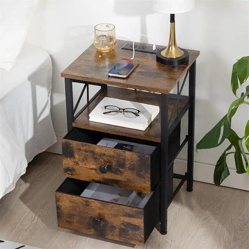 Table de chevet avec station de recharge et 2 tiroirs en tissu