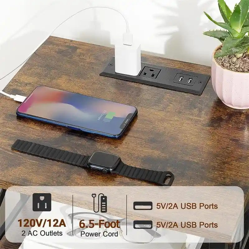 Table de chevet avec station de recharge et 2 tiroirs en tissu