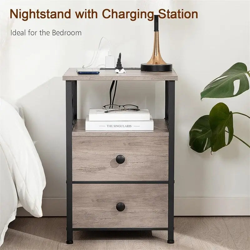 Table de chevet avec station de recharge et 2 tiroirs en tissu