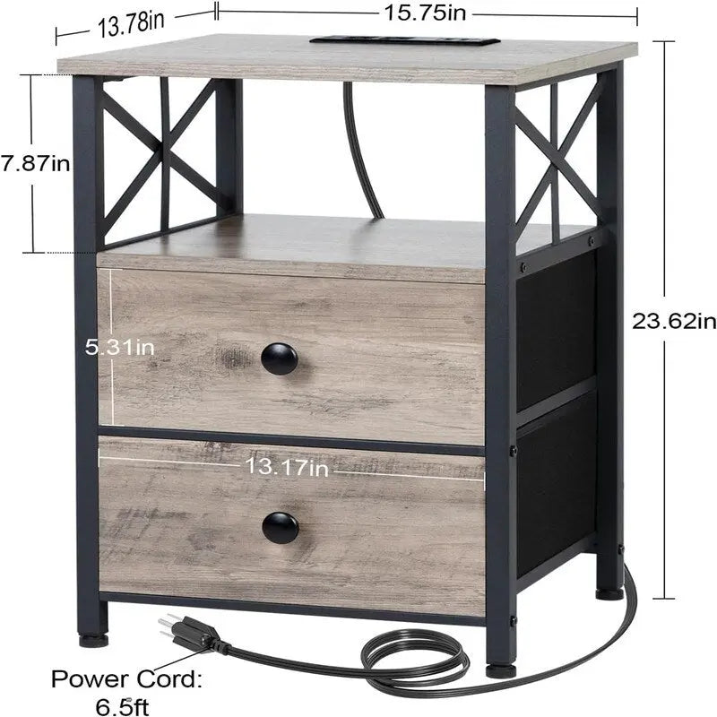 Table de chevet avec station de recharge et 2 tiroirs en tissu