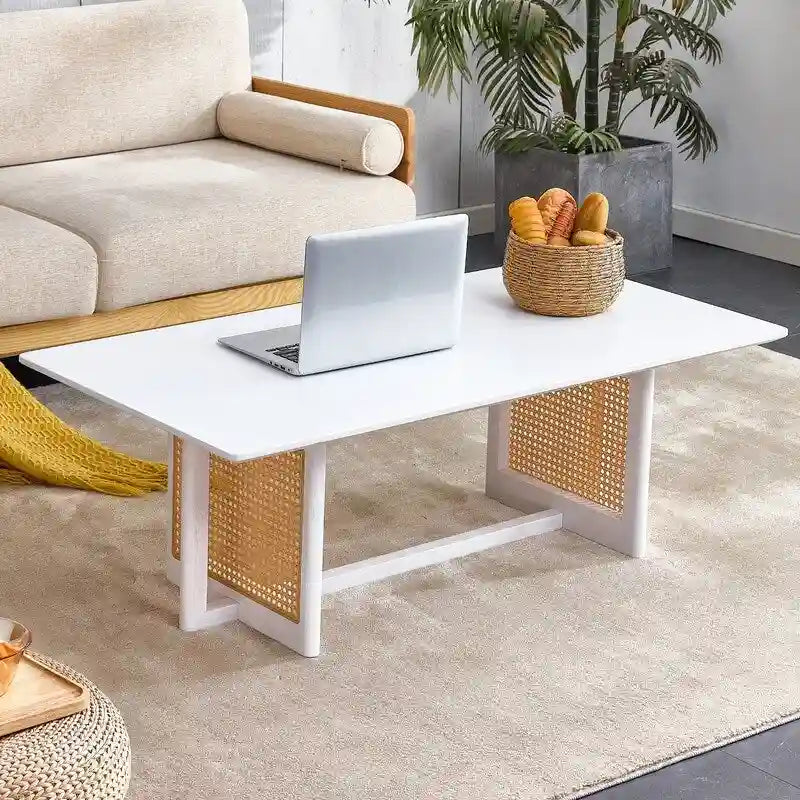 Chinese style white solid wood and imitation rattan coffee table