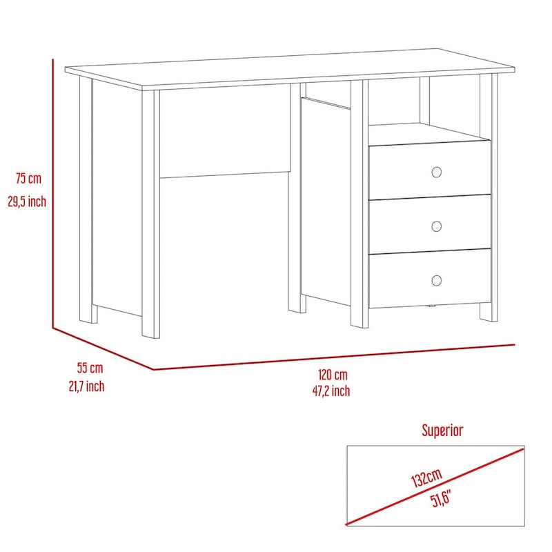 Bureau d'ordinateur avec 3 tiroirs et 1 étagère, 120 cm, Gris