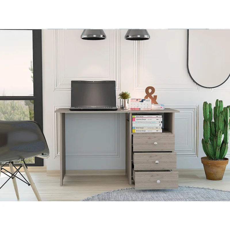 Bureau d'ordinateur avec 3 tiroirs et 1 étagère, 120 cm, Gris
