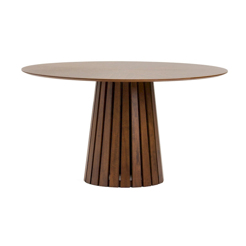 Table à manger ronde de 54 pouces avec plateau en placage de noyer et piédestal à lattes
