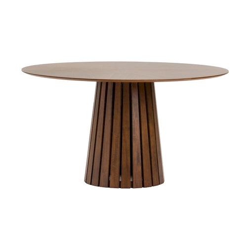 Table à manger ronde de 54 pouces avec plateau en placage de noyer et piédestal à lattes