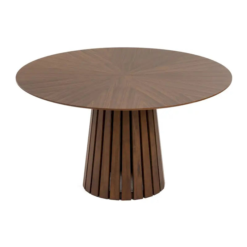 Table à manger ronde de 54 pouces avec plateau en placage de noyer et piédestal à lattes