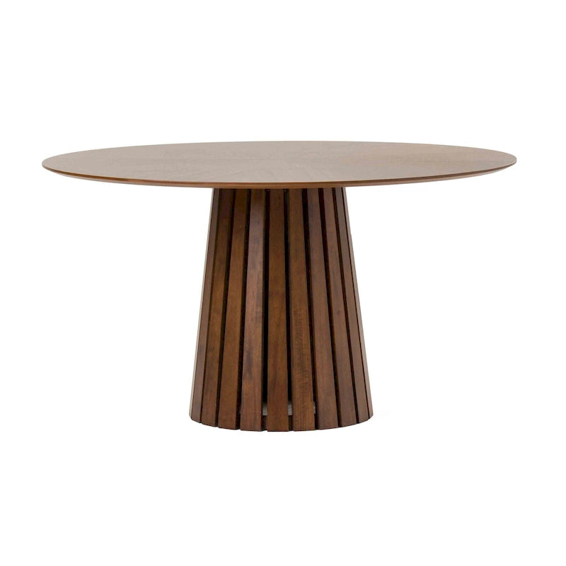 Table à manger ronde de 54 pouces avec plateau en placage de noyer et piédestal à lattes