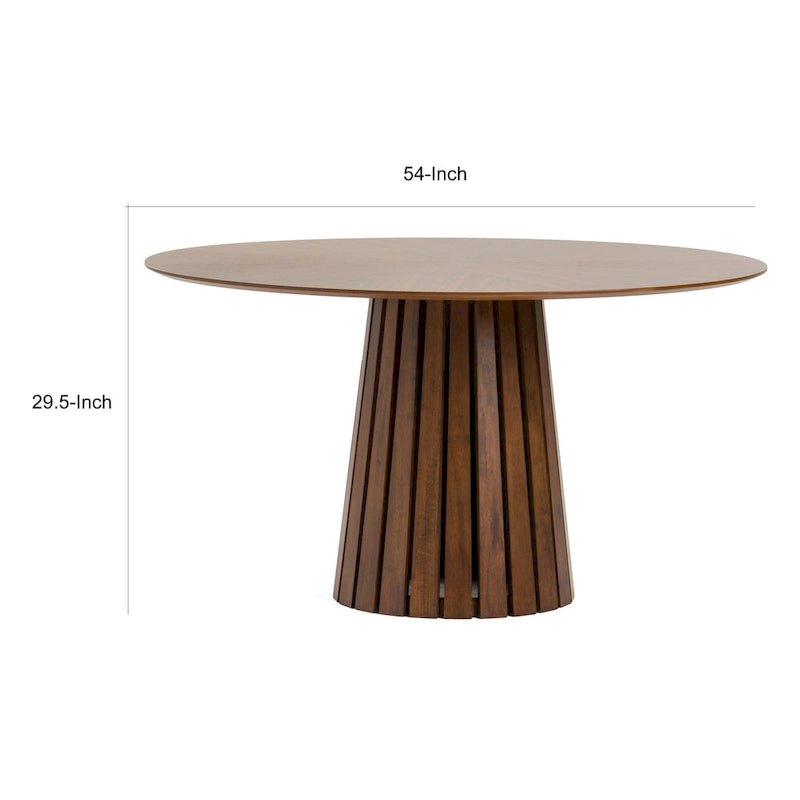 Table à manger ronde de 54 pouces avec plateau en placage de noyer et piédestal à lattes