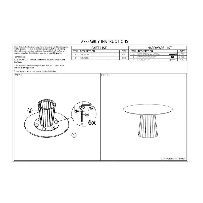 Table à manger ronde de 54 pouces avec plateau en placage de noyer et piédestal à lattes