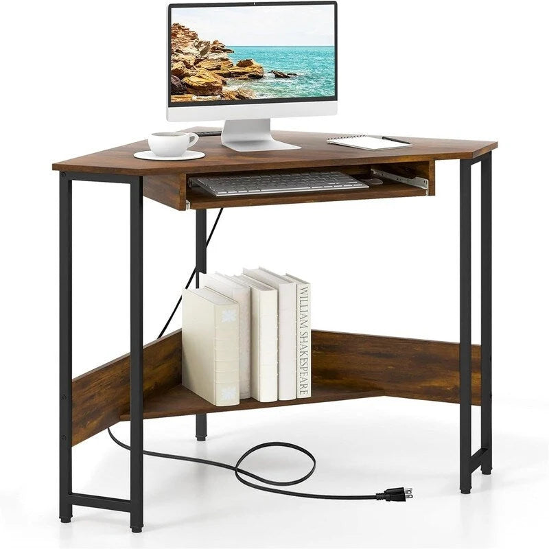 Bureau d'angle en L avec prises de courant et tiroir clavier
