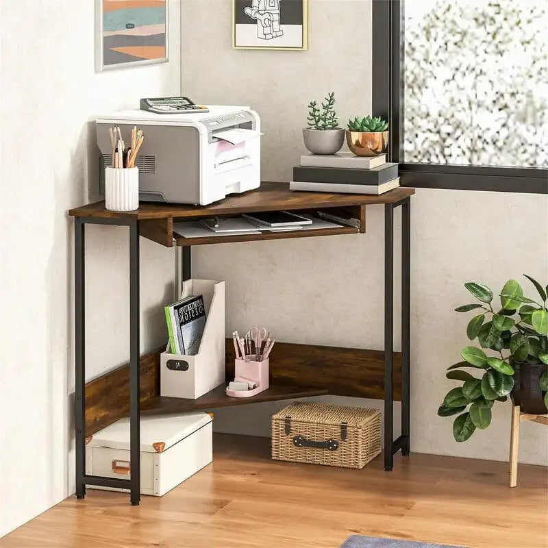 Bureau d'angle en L avec prises de courant et tiroir clavier