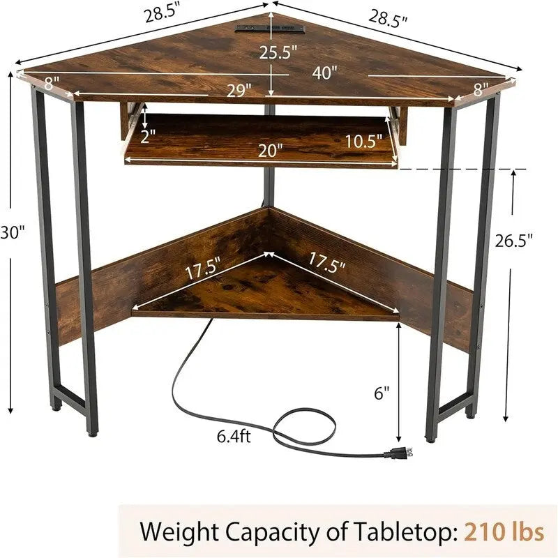 Bureau d'angle en L avec prises de courant et tiroir clavier