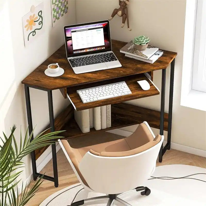 Bureau d'angle en L avec prises de courant et tiroir clavier